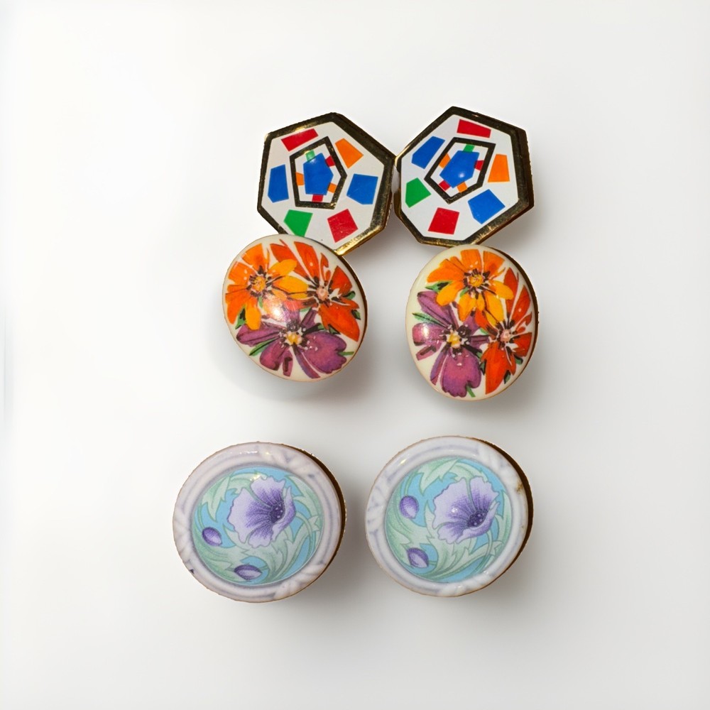 Vintage 80's Lot of 3 Pairs MultiColor Enameled Porcelain Gold Earrings AVON