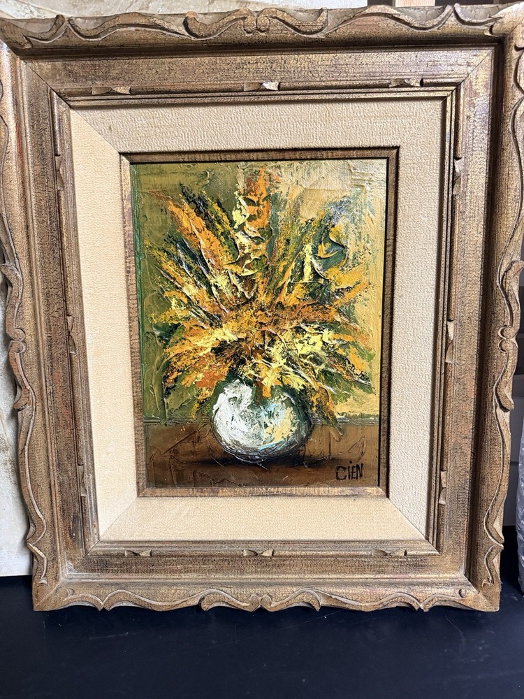 Cien Abstract Floral Still Life Vase Painting, Matted & Framed, Signed