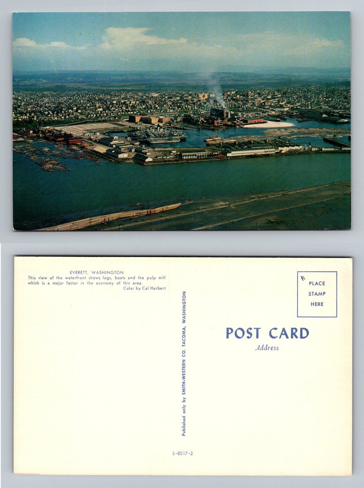 Everett, WA-Washington, Waterfront Logs, Boats, & Pulp Mill Vintage Postcard