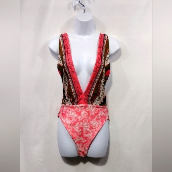 NWT Agua Bendita Ellis Antiq Plunge One-Piece Swimsuit Womens L Multicolor Artsy