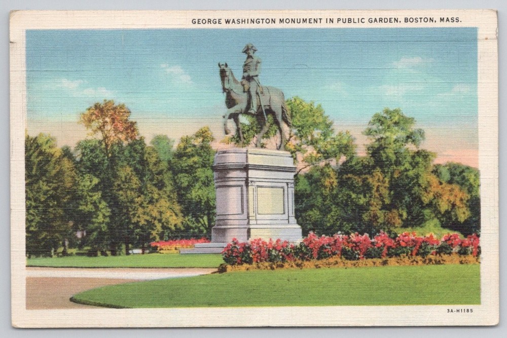 Boston Public Garden George Washington Monument Linen Postcard 1934 Posted