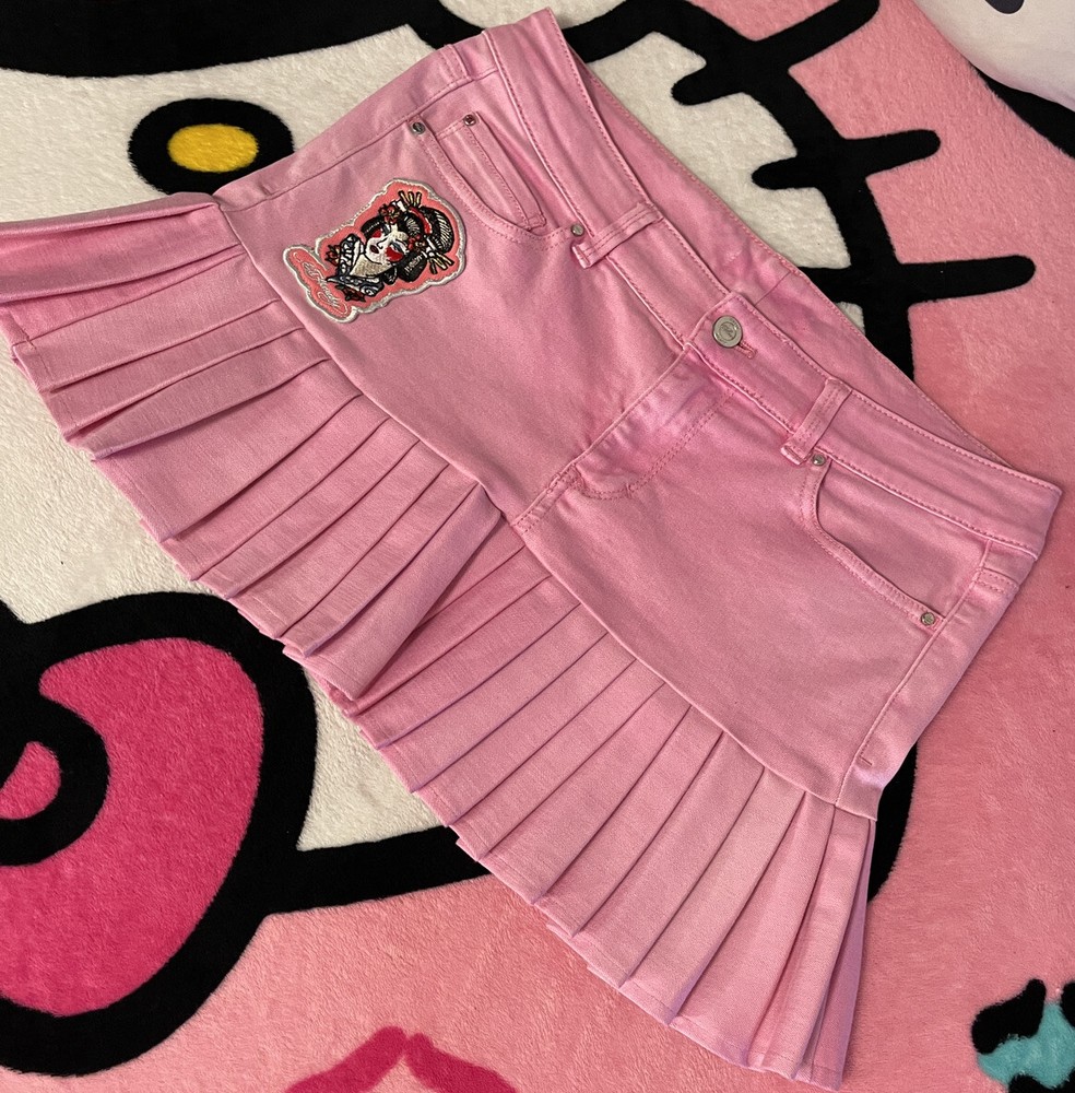 Vintage 2007 Y2K Ed Hardy Baby Pink Denim Geisha Pleated Mini Skirt