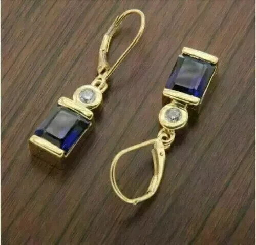 Art Deco Style Sapphire Lab Created Diamond 14K Gold Finish Drop/Dangle Earrings