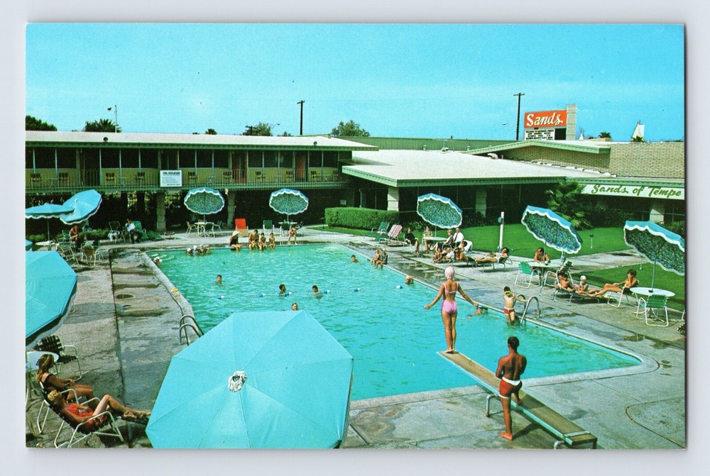 Postcard Arizona Tempe AZ Sand Motor Hotel Motel Pool 1960s Unposted Chrome
