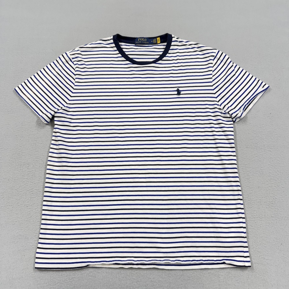 Polo Ralph Lauren Shirt Mens Medium White Navy Striped Pony Logo Tee Casual