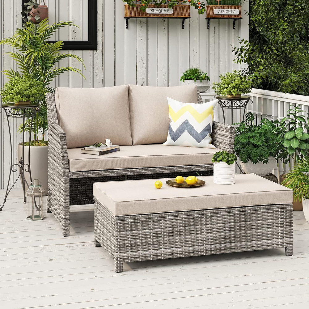 OC Orange-Casual 2-Piece Outdoor Patio Furniture Wicker Love-Seat and Coffee Tab