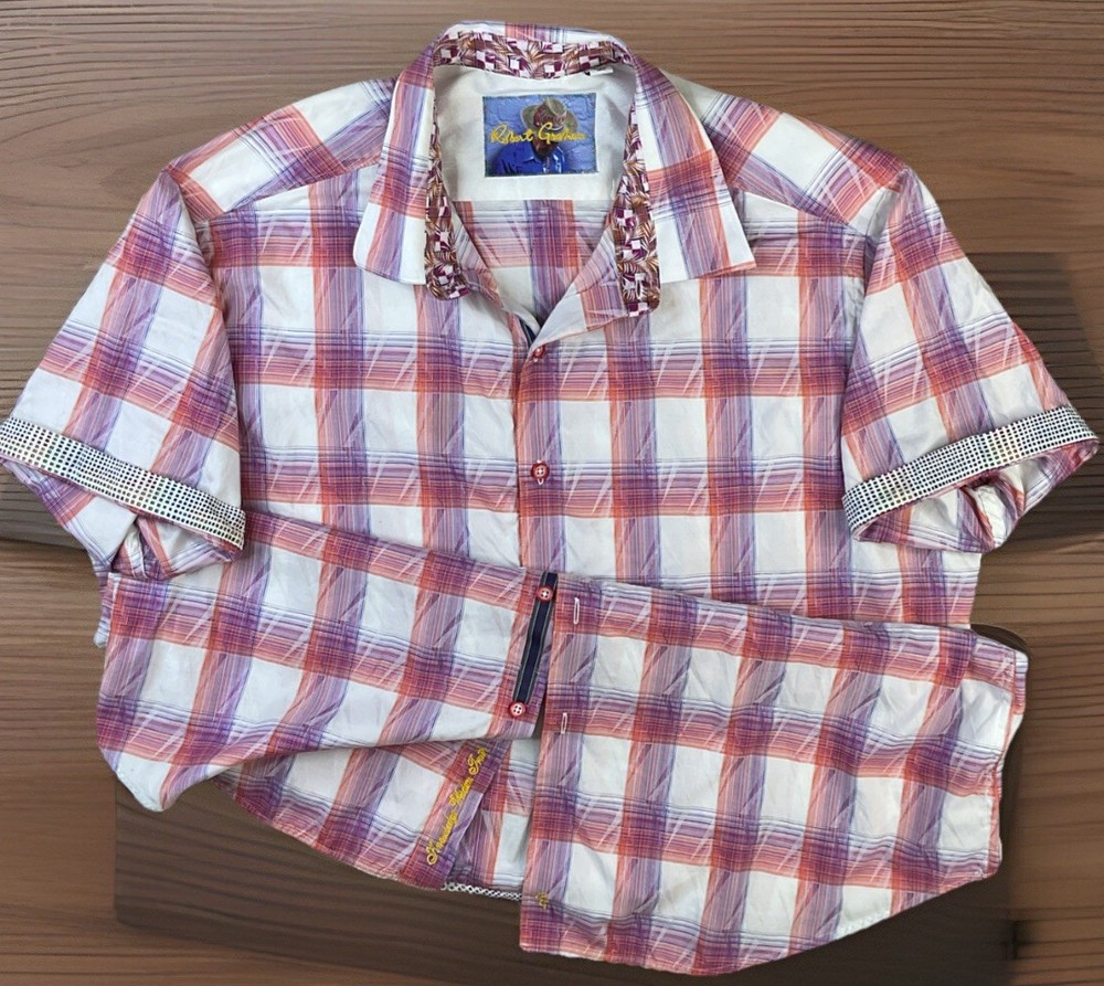 Robert Graham Shirt Men Sz 2XL Classic Fit Button Front Plaid Check Short Sleeve