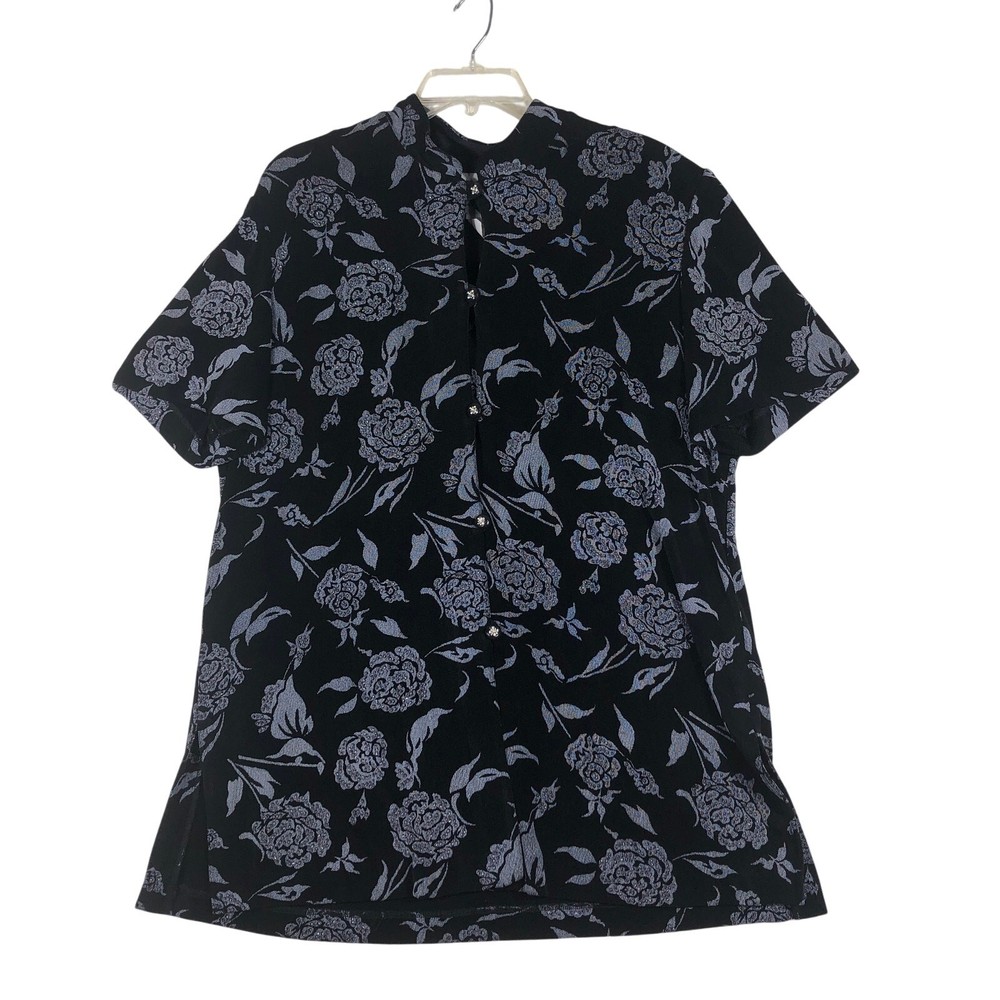 R&M Richards by Karen Kwong Blouse Size 18 Black Glitter Floral Mandarin Collar