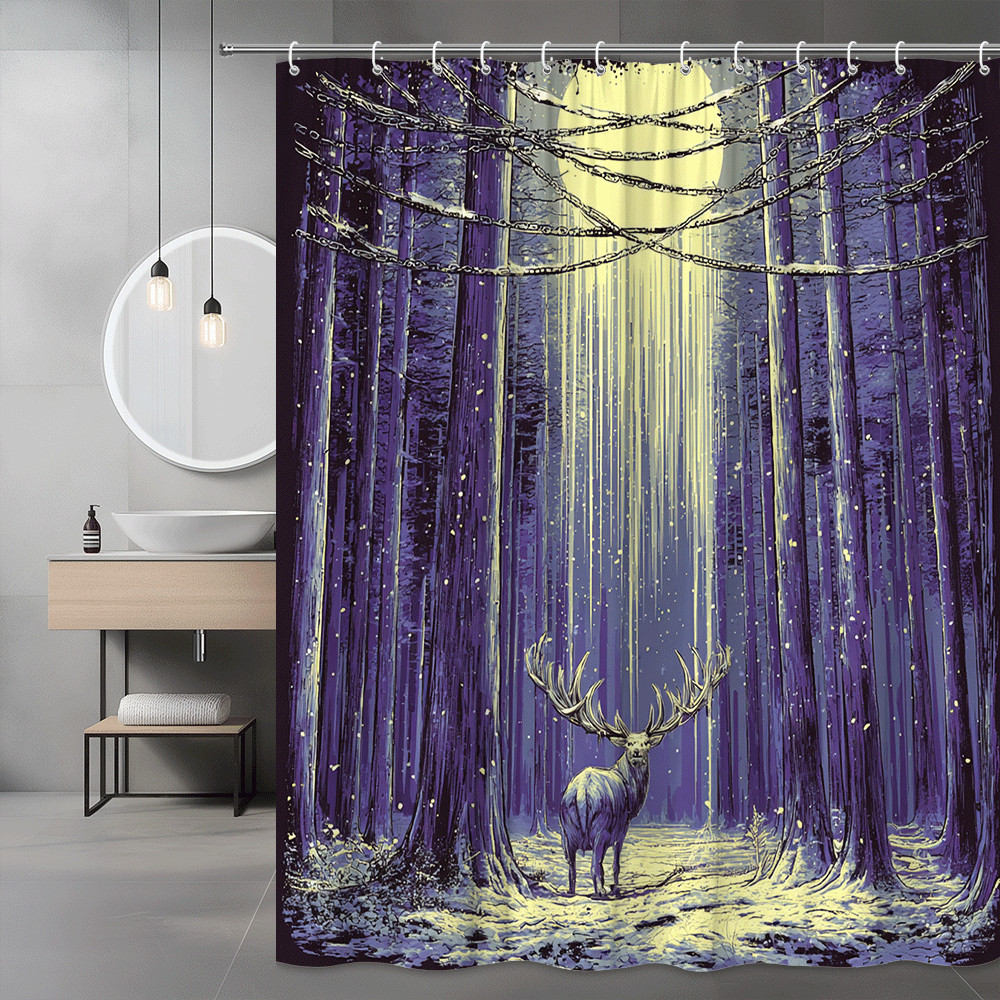 Moonlit Forest Deer Shower Curtain Purple Winter Scene