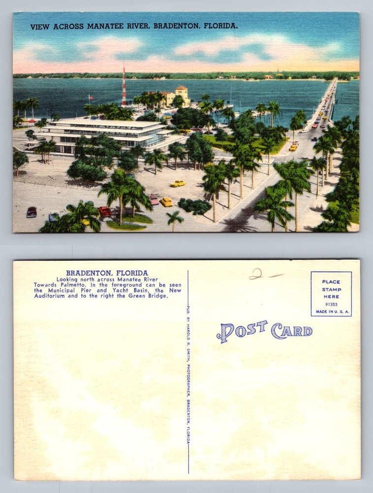 Bradenton, FL-Florida, Manatee River, Pier & Yacht Basin Bridge Vintage Postcard