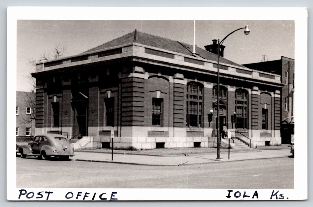 RPPC~Iola Kansas~Post Office Bldg Exterior View~PM 1955~Real Photo Postcard