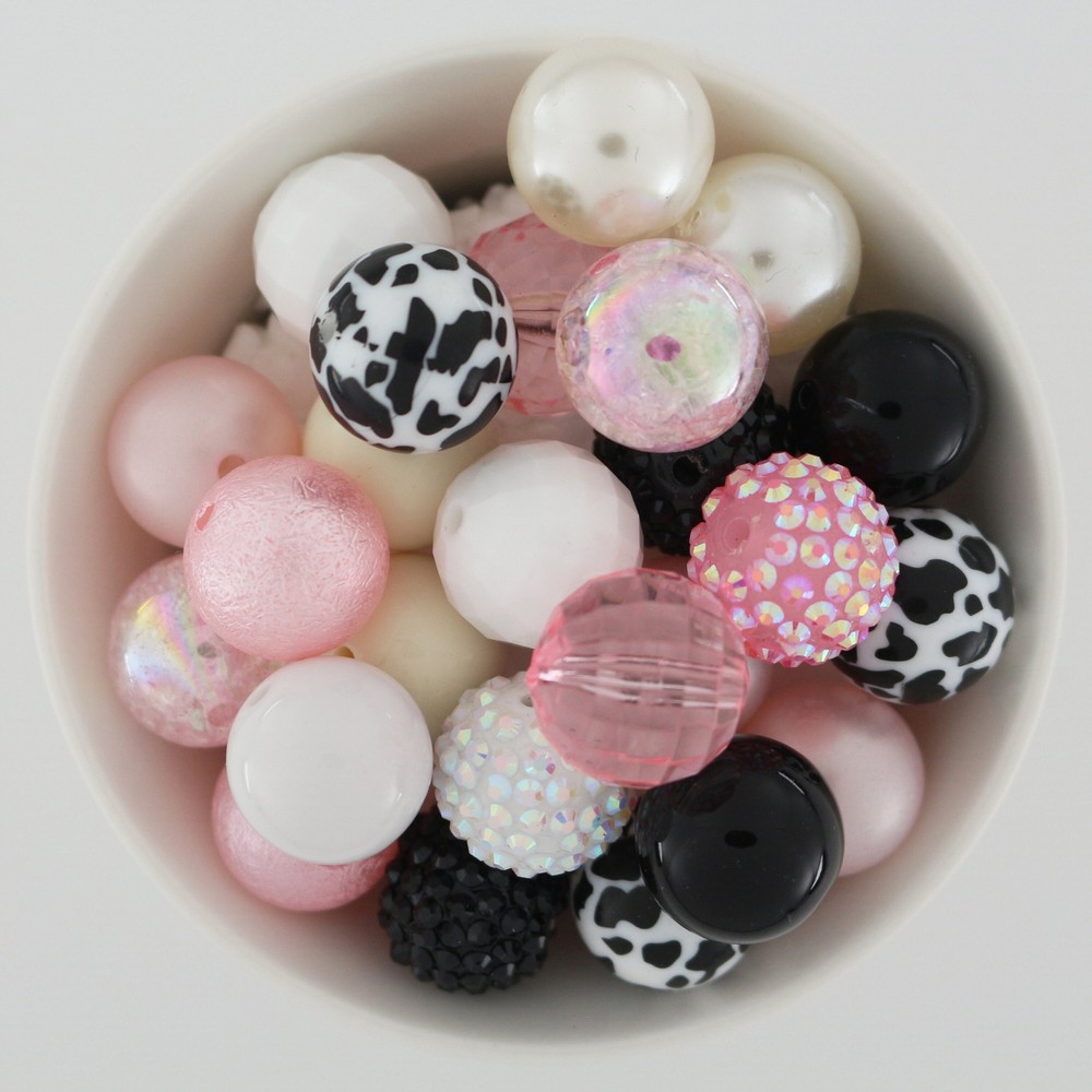 20mm Chunky Bubblegum Beads Mix - Black, Light Pink & White Bulk Variety  