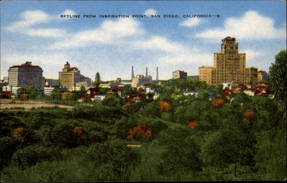 Skyline San Diego California from Inspiration Point ~ 1940s linen postcard
