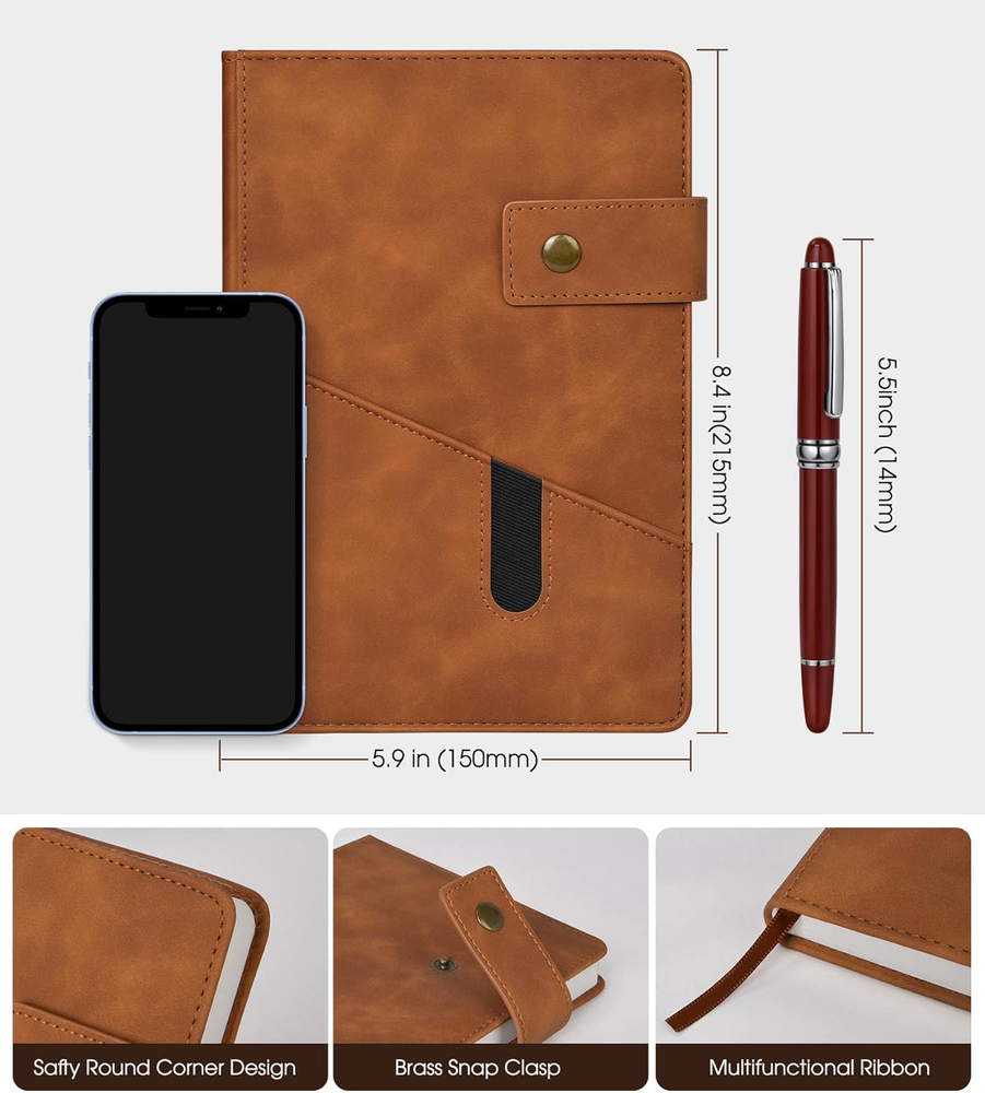 Brown A5 Leather Journal - 200 Pages Thick Paper Travel Notebook Personalizable