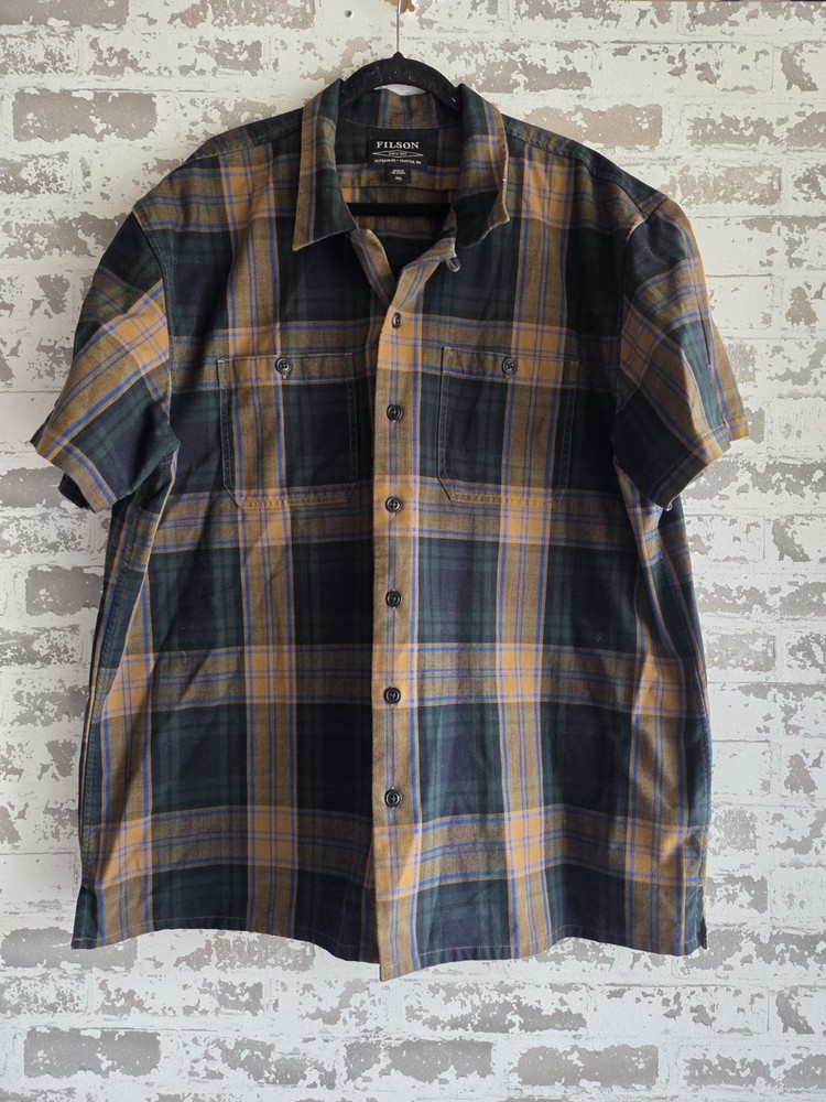Filson Rustic Short Sleeve Camp Shirt Plaid Gold Tan Navy 2XL XXL 20218754 Mint