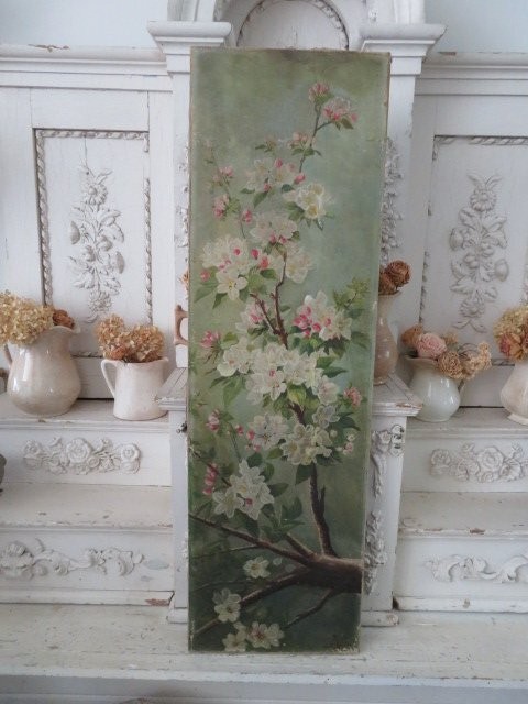 Old Antique FLORAL Yard Long OIL PAINTING Pink & White APPLE or CHERRY BLOSSOMS