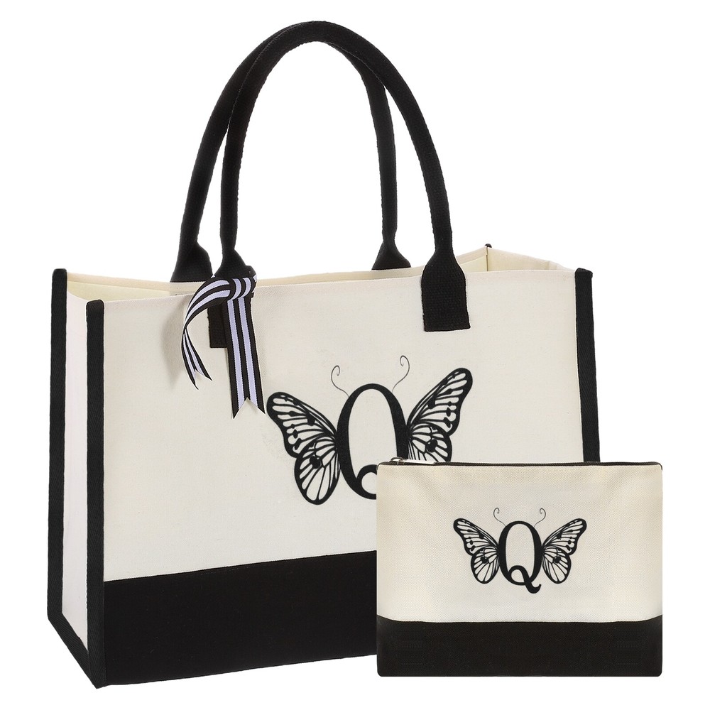 Initial Q Canvas Tote Bag with Makeup Bag, Reusable Beach Tote Bag