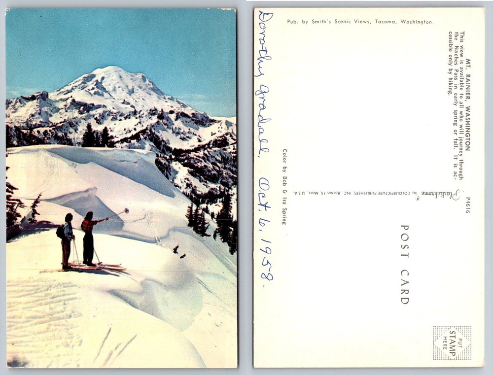 Vintage Mt Rainier Washington Skiing Postcard 1958 Plastichrome Bob Ira Spring