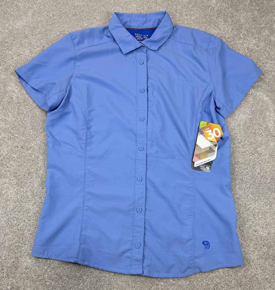 Mountain Hardwear Women's Size 4 Short Sleeve Button Up Hiking Blue Shirt NEW