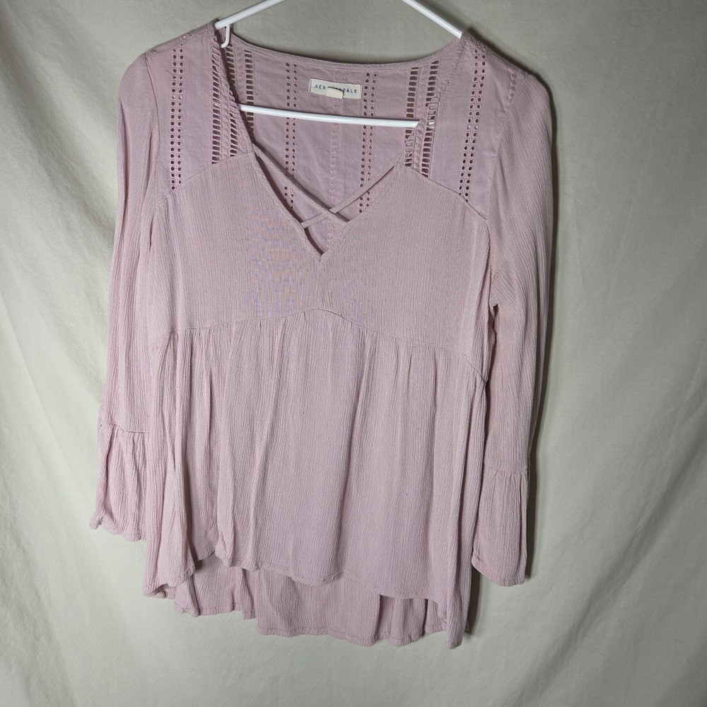 Aeropostale Womens Medium Blush Pink Boho Peasant Top Bell Sleeve High Low Rayon