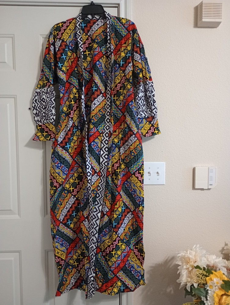 African Ankara Kimono 54 inch  Long With Pockets And A Belt size L