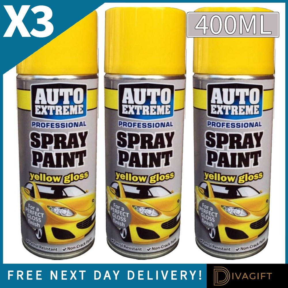 3 x YELLOW GLOSS SPRAY PAINT 400ML AEROSOL CAN AUTO EXTREME METAL WOOD PLASTIC
