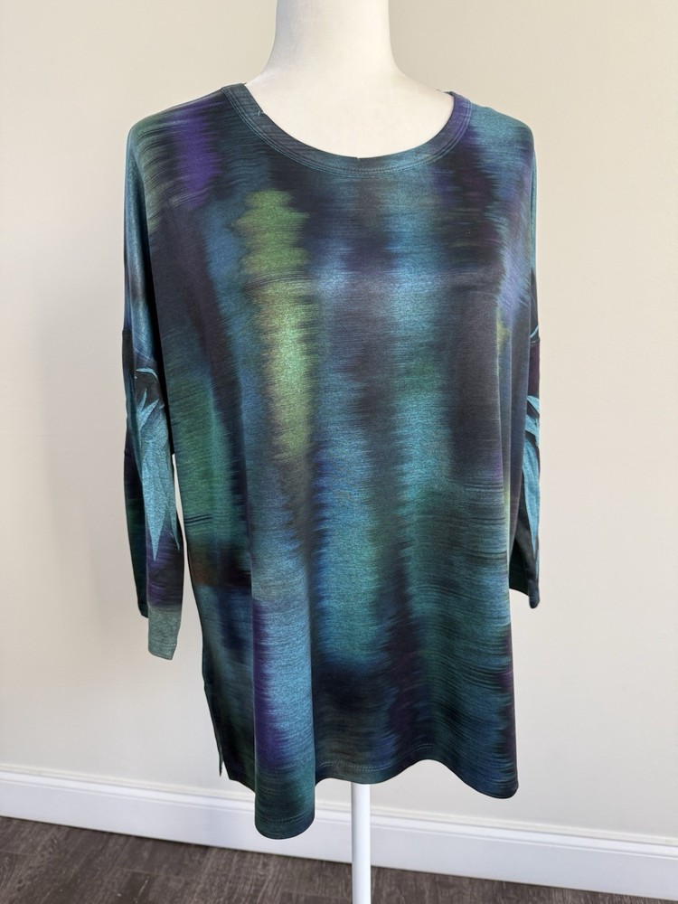 Jess & Jane Women’s LS 3/4 Sleeve Teal-green Artsy Pullover Tunic Sz L -USA-