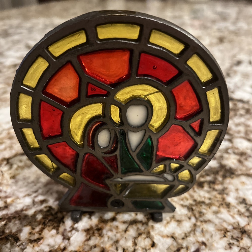 Vintage Cast Iron Stained Glass Christmas Nativity Scene Tea Light Candle READ