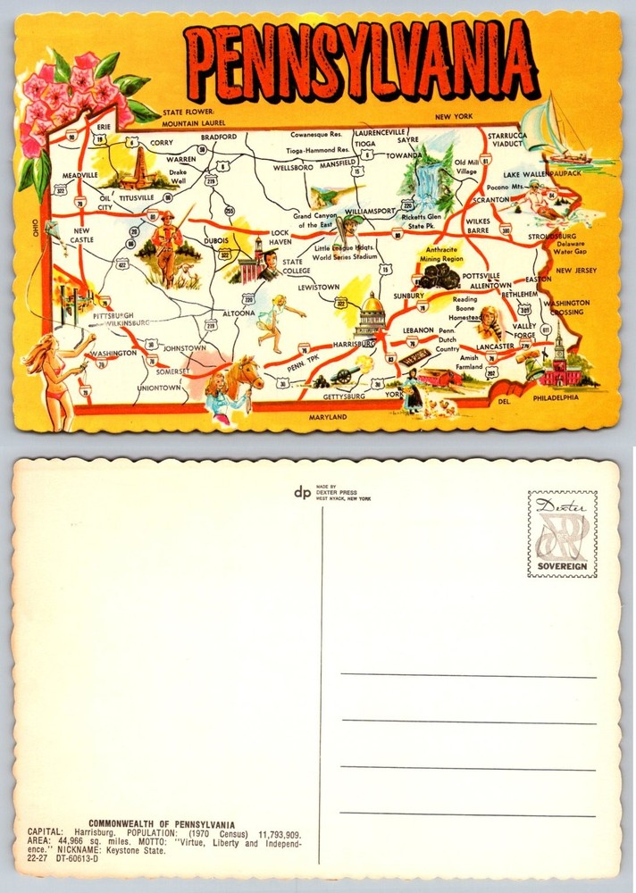 Vintage Pennsylvania Pictorial Map Postcard Dexter Press Scalloped Edge