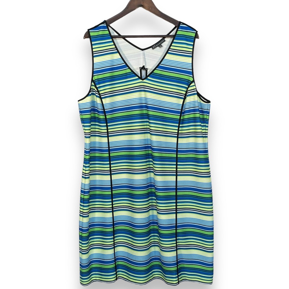 Adrianna Papell Shift Dress Women Size 3X Green Striped Sleeveless Stretch