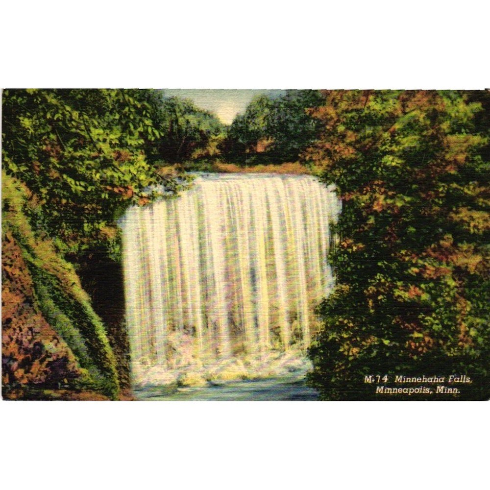 Vintage 1950 Minnehaha Falls Minneapolis MN Linen Postcard Curt Teich Hiawatha
