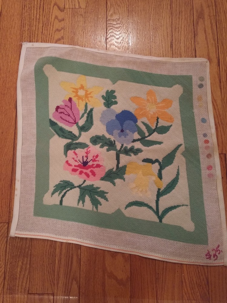 Vintage 18 inch floral needlepoint unframed completed canvas