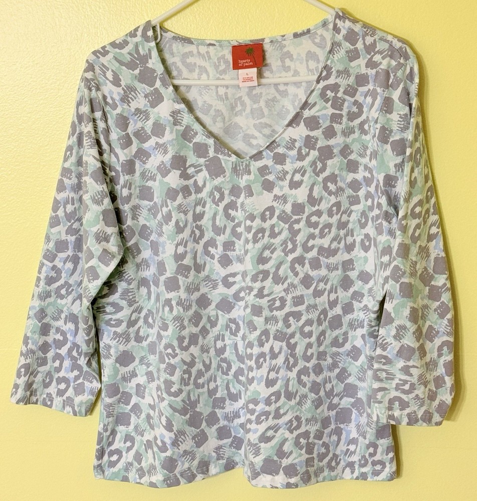 HEARTS OF PALM Women's 3/4 Sleeve V-Neck Top WHT/GRAY/BLUE/GRN ABSTRACT Size L-image