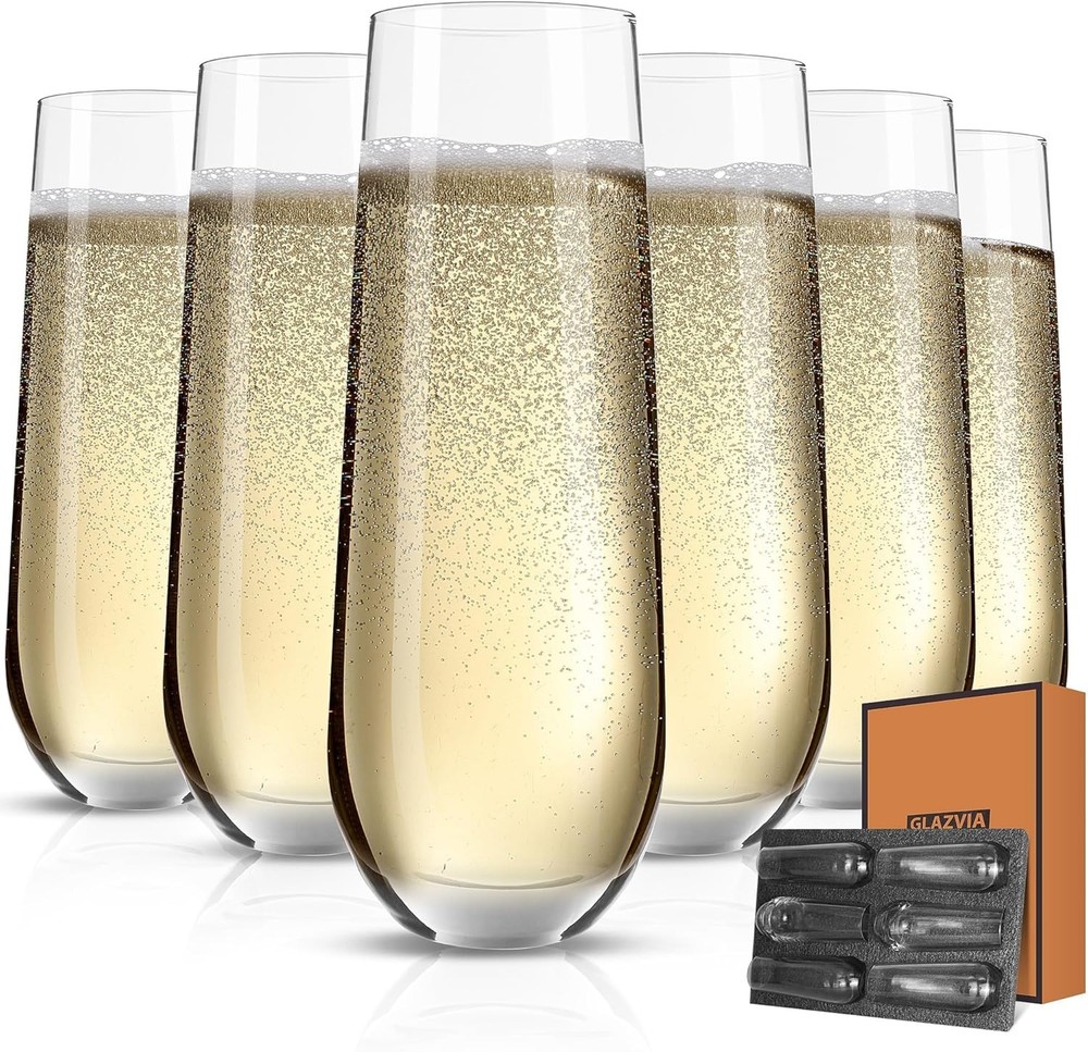 Stemless Champagne Flutes Glasses Set of 6-10oz Elegant Crystal Champagne Glass
