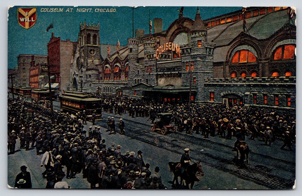 Chicago Illinois~Coliseum Bldg Night View~Trolley~Gothic Revival~c1910 Postcard