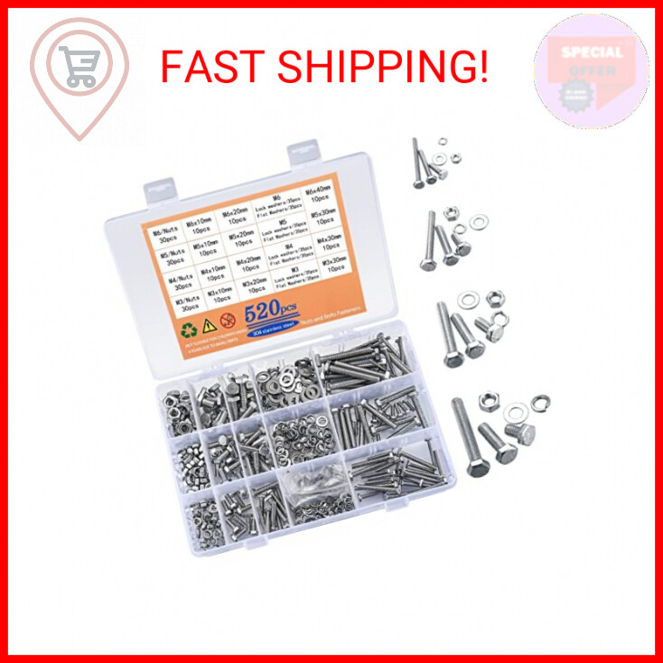 520 Pcs Hex Head Bolts and Nuts and Flat Washers Assortment Kit, M3/M4/M5/M6 Hea