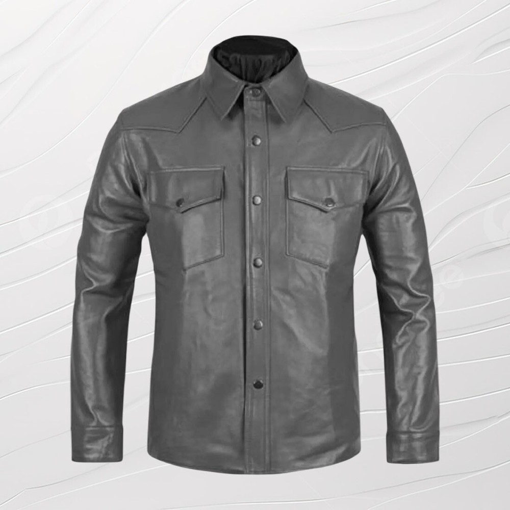 New Men's Genuine Gray Lambskin Leather Shirt Jacket Stylish Soft Slim Fit Shirt