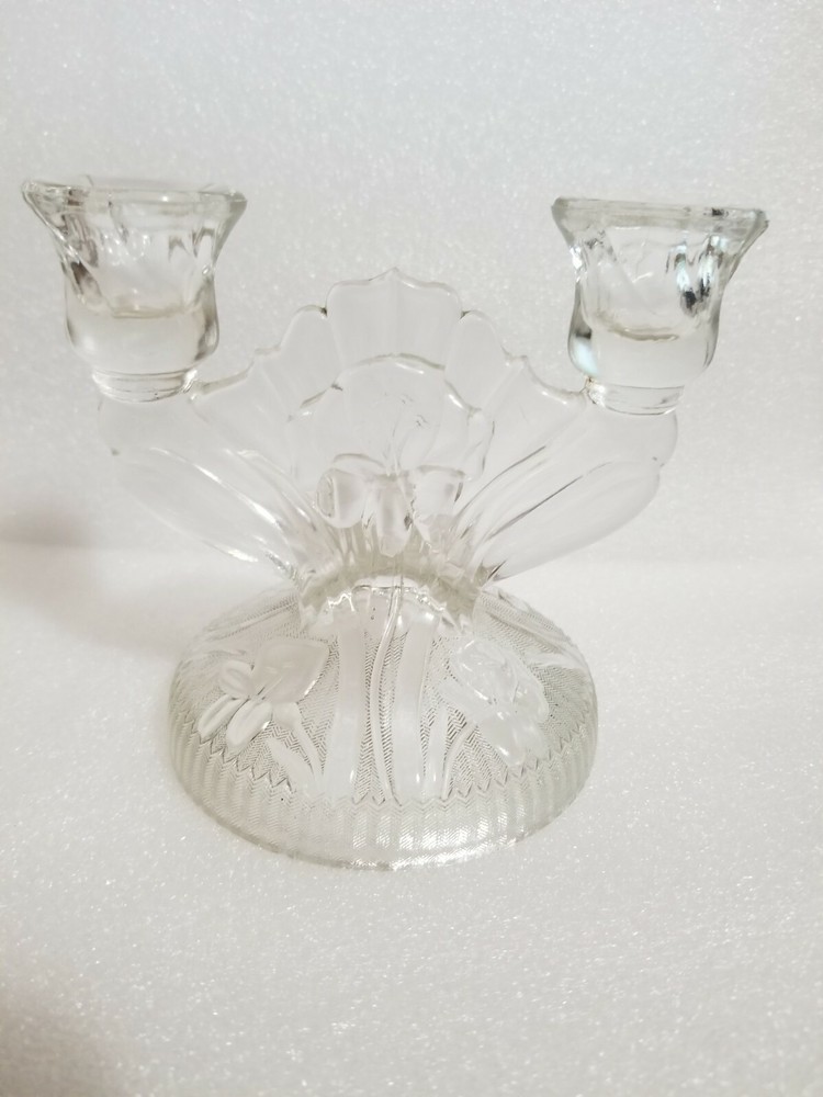 Vintage Iris and Herringbone Double Candle Holder by Jeanette Glass