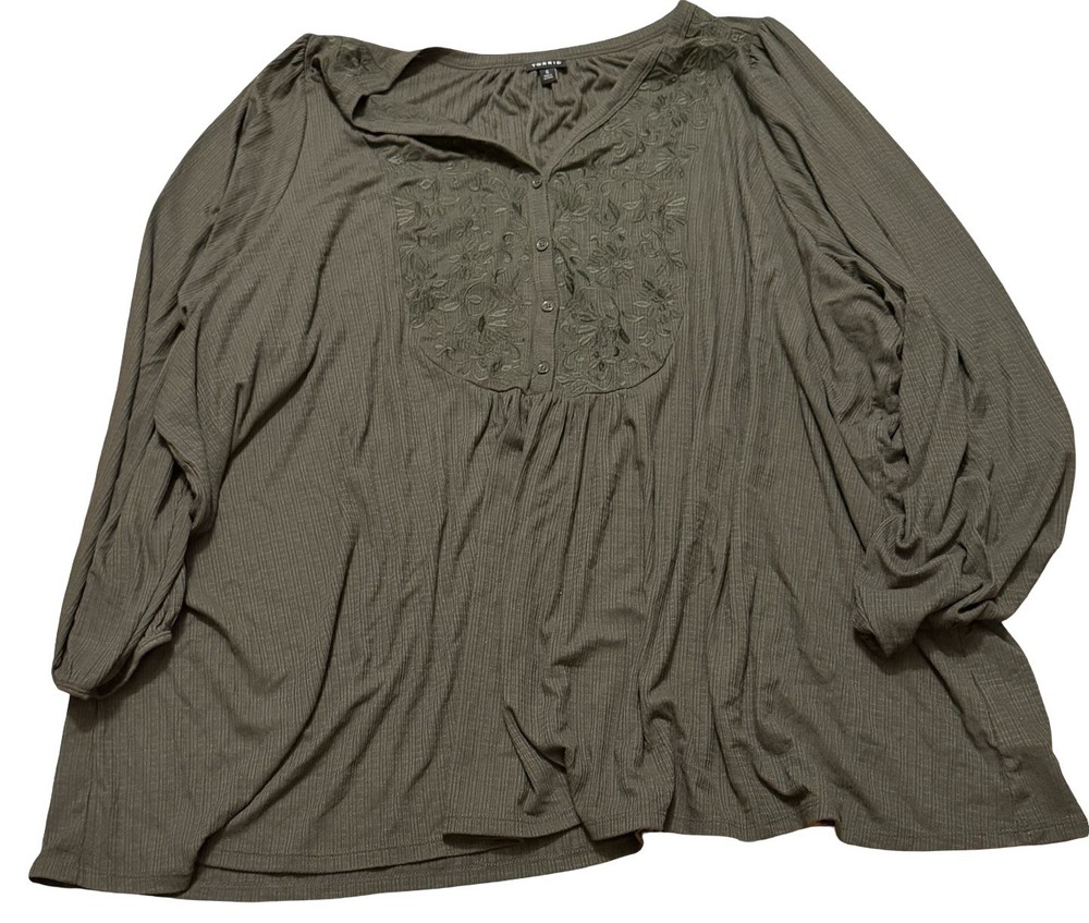Torrid Womens Olive Green Pintuck V-Neck Blouse 6X Olive Green Boho Career