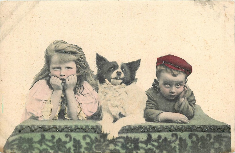 c1910 Children & Dog hand colored undivided Glitter Postcard 25-7294