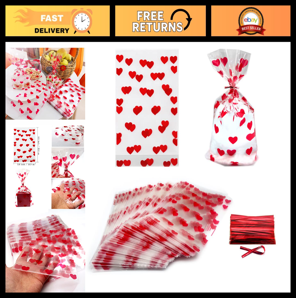 100 PCS Red Heart Cellophane Gift Bags - Twist Tie Candy Cookie Wrapping Supplie