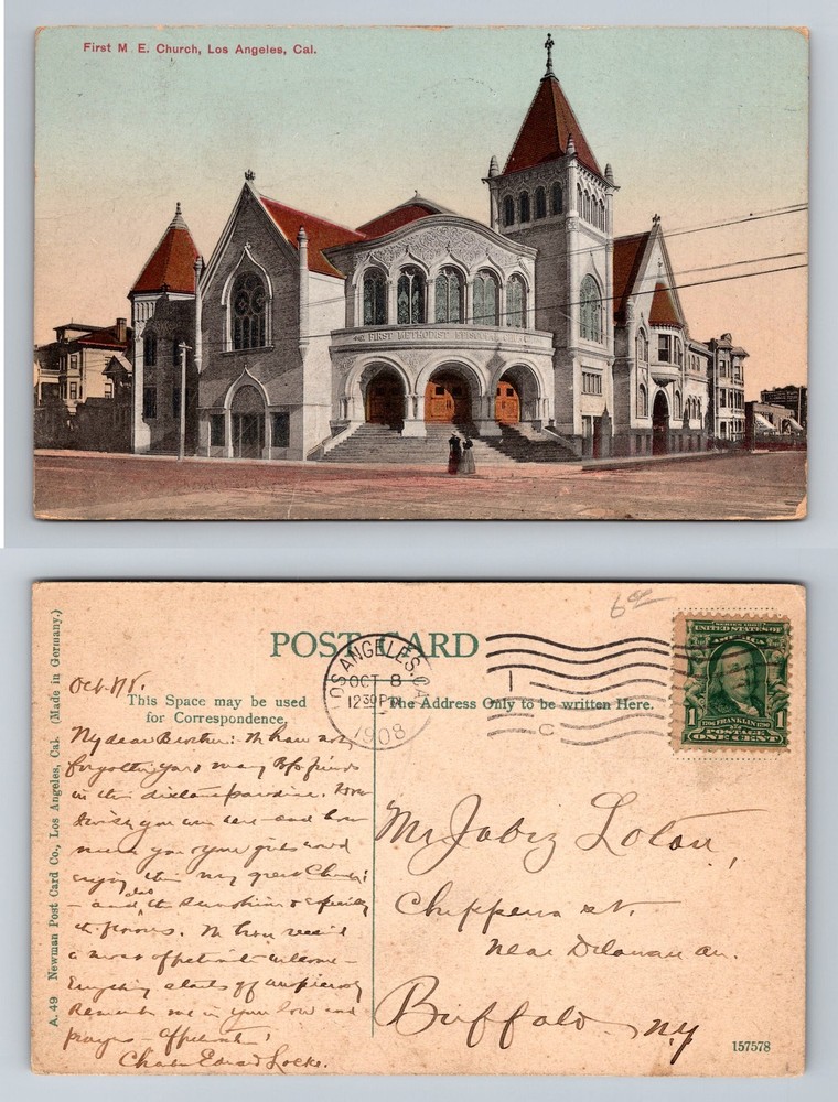 Los Angeles, CA-California, First M.E. Church Roof Arches Vintage c1908 Postcard