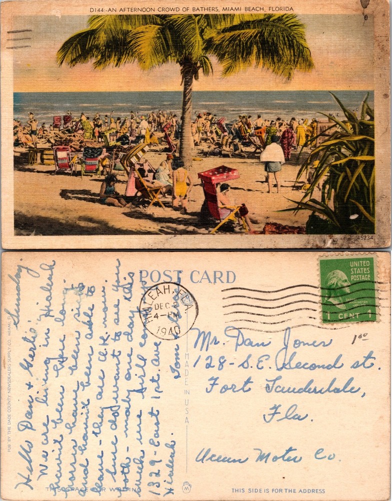 Florida FL Miami Beach Bathers Under Palm Postcard