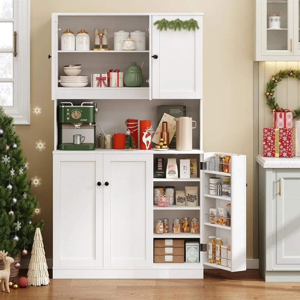 71-Inch Tall Kitchen Pantry Cabinet with Microwave Stand and Storage Shelves