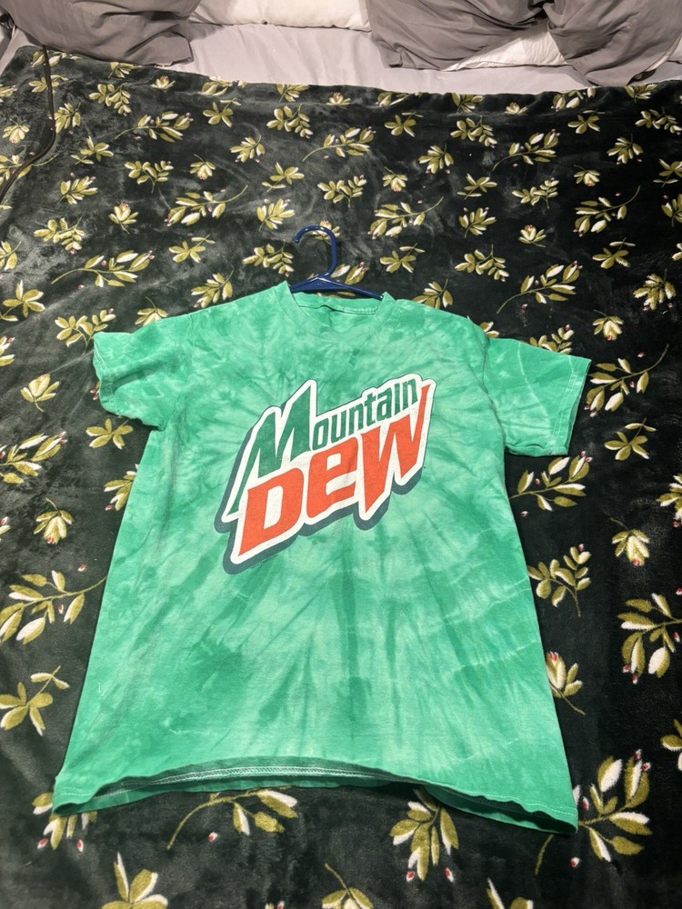 Mountain Dew Green Tie-Dye Logo Graphic Tee Casual Soda Theme T-Shirt