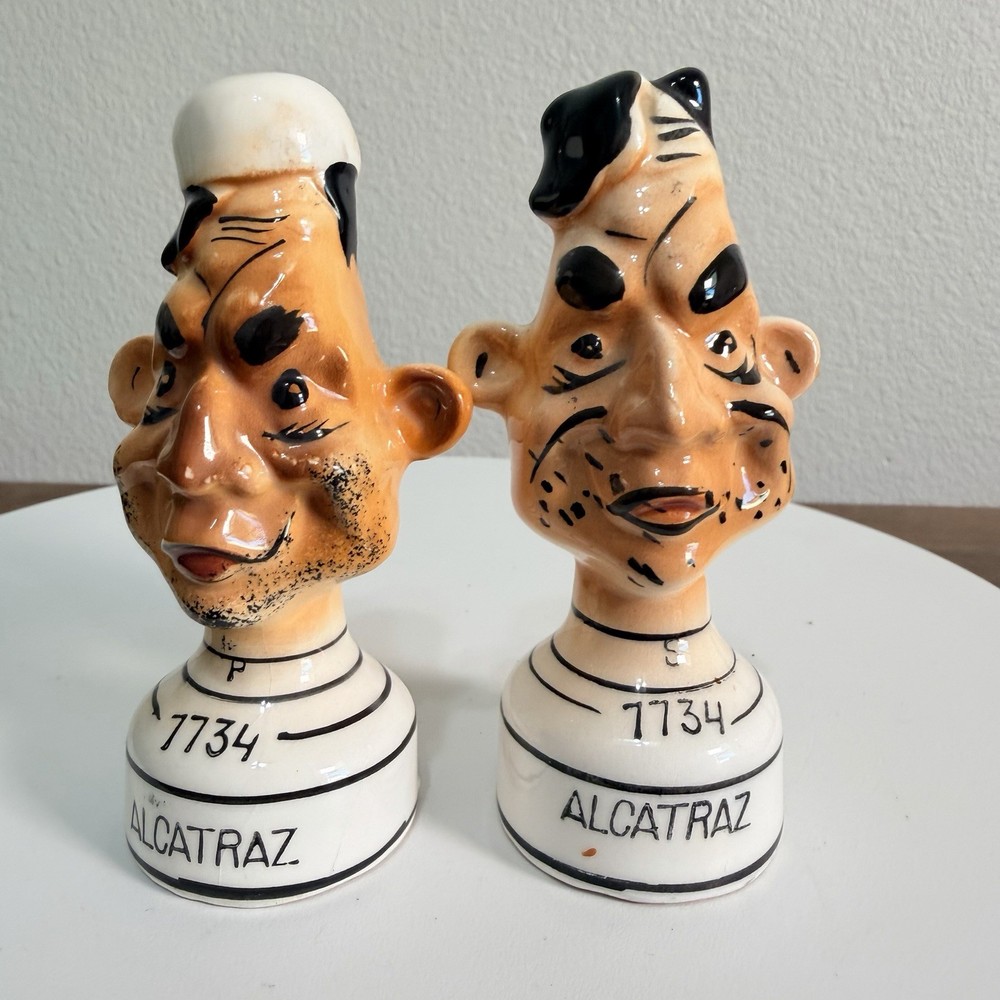Vintage Alcatraz Prisoners Bust Salt and Pepper Shakers Mid Century