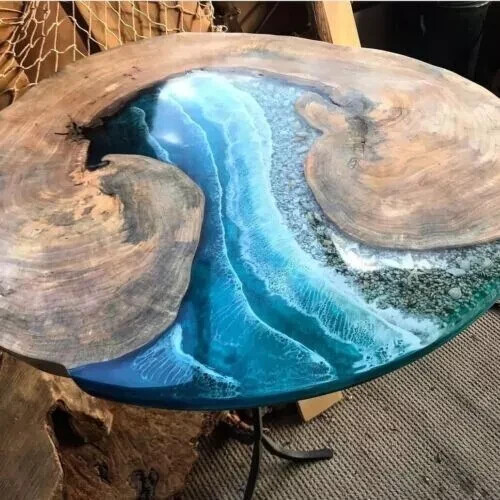 Acacia Ocean Round Coffee Table Top, River Epoxy Entryway Centerpiece Furniture-image