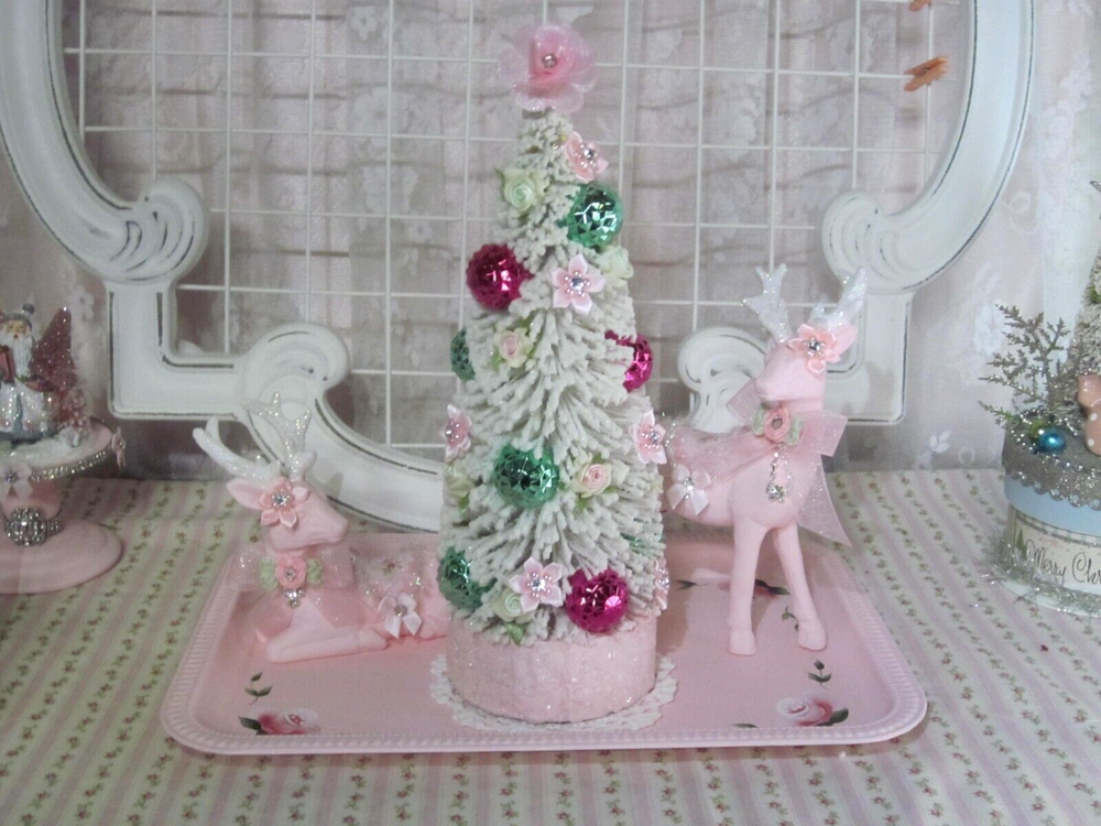 shabby hand painted pink roses b/o lighted tree jewels reindeer Christmas accent-image