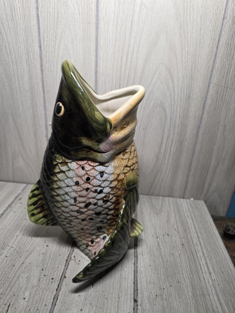 Vtg Ceramic Large Mouth Bass Fish Vase Glazed Pottery Fishermen Dad Man Cave