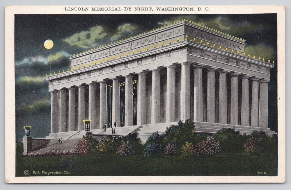 Lincoln Memorial by Night Washington D.C. Postcard B.S. Reynolds Moonlit View